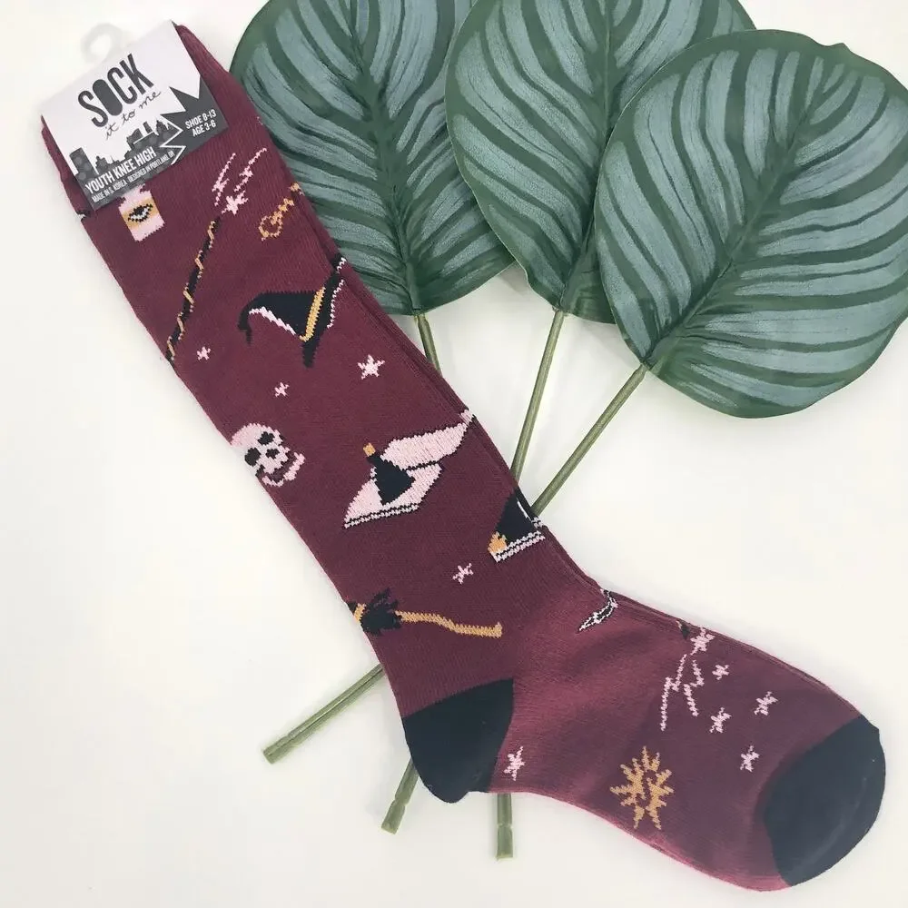Sock It To Me Maroon Red Black Magic Hat Moon Spell Halloween Kids Knee Socks